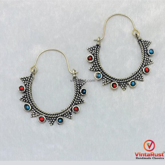Jewelry - Vintage Oxidized Silver Hoop Earrings: Tribal Light Weight Hoop Earrings